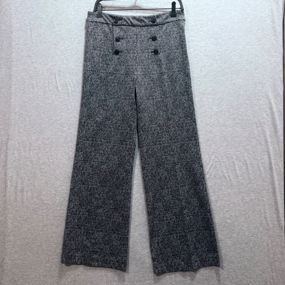 Jason Wu Wide Leg Pants Womens 8 Black White Glen Plaid Sailor Button Office